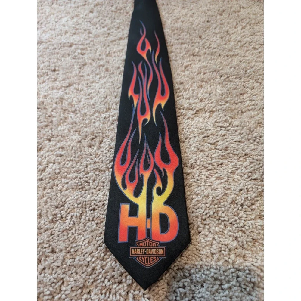 vintage HARLEY DAVIDSON necktie BLACK W/ FLAMES ralph marlin MOTORCYCLE USA 1997